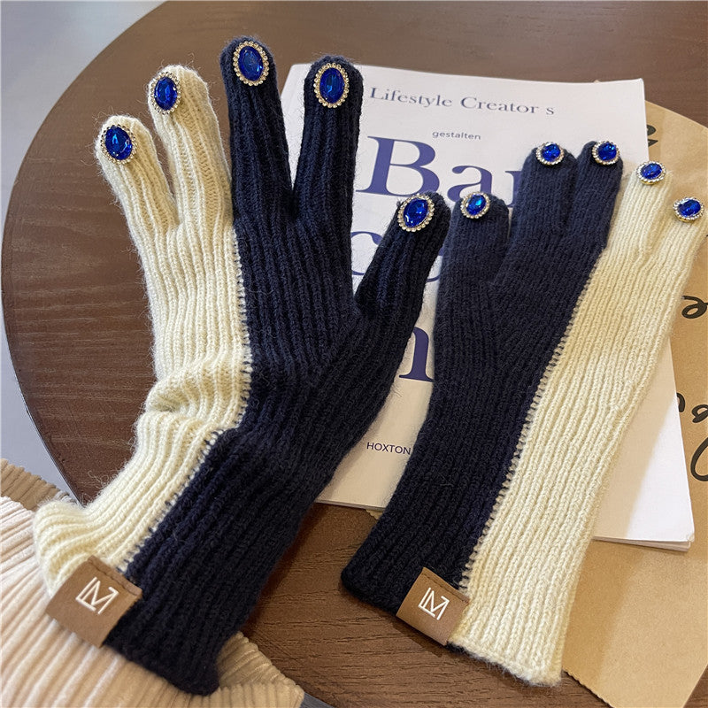 Wholesale Design Color Block Knitted Rhinestone Warm Gloves
